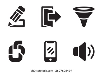 A collection of six essential digital tools presented as black silhouette icons against a white background.