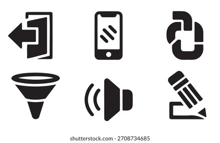 Uma coleção de seis ferramentas digitais essenciais apresentadas como ícones de silhueta preta contra um fundo branco.