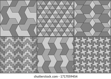 Collection of six ethnic seamless patterns. Rhombuses, diamonds, lozenges, triangles, hexagons, crosses, chevrons images. Folk prints. Geometrical ornaments set. Tribal wallpapers. Abstracts. Vectors