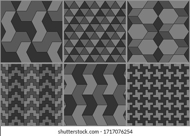 Collection of six ethnic seamless patterns. Rhombuses, diamonds, lozenges, triangles, hexagons, crosses, chevrons images. Folk prints. Geometrical ornaments set. Tribal wallpapers. Abstracts. Vectors