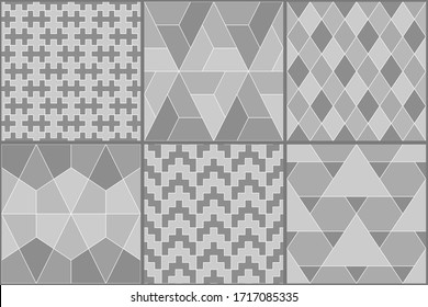 Collection of six ethnic seamless patterns. Rhombuses, diamonds, lozenges, triangles, hexagons, crosses motif. Folk prints. Geometrical ornaments set. Tribal wallpapers. Abstracts images. Vector arts.