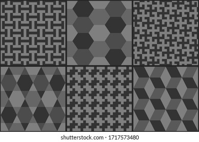 Collection of six ethnic seamless patterns. Rhombuses, diamonds, lozenges, triangles, hexagons, crosses, kites images. Folk prints. Tribal wallpapers. Geometrical ornaments set. Abstracts. Vectors