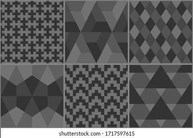 Collection of six ethnic seamless patterns. Rhombuses, diamonds, lozenges, triangles, hexagons, crosses motif. Folk prints. Geometrical ornaments set. Tribal wallpapers. Abstracts images. Vector arts