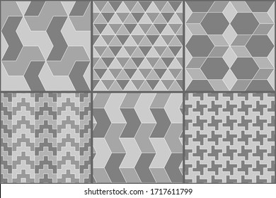 Collection of six ethnic seamless patterns. Rhombuses, diamonds, lozenges, triangles, hexagons, crosses, chevrons images. Folk prints. Geometrical ornaments set. Tribal wallpapers. Abstracts. Vectors.