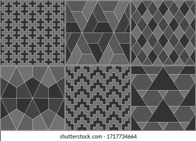 Sammlung von sechs nahtlosen ethnischen Mustern. Rhombusse, Diamanten, Losenges, Dreiecke, Hexagons, Kreuzungen motif. Folk druckt. Geometrischer Ziersatz. Tribale Bildschirmhintergründe. Abstrakt Bilder. Vektorillustration Kunst.