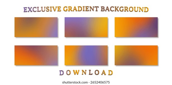 Uma coleção de seis fundos de gradiente abstratos exclusivos com uma paleta quente e moderna de laranja, amarelo e roxo com um efeito suave e borrado para design digital e de impressão.