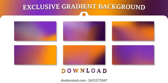 Uma coleção de seis planos de fundo de gradiente exclusivos. Os desenhos apresentam uma mistura suave e borrada de tons roxo vibrante e laranja quente.