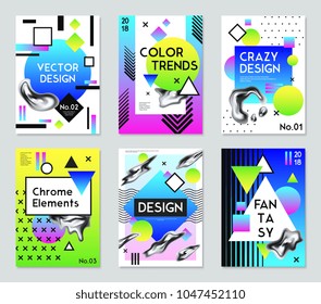 Collection of six fantasy posters for vector design with color trends and chrome elements isolated vector illustration