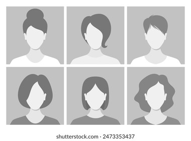 Colección De Seis Avatares Femeninos En Color Gris Con Varios Peinados. Retratos De Vector Con Peinado Único