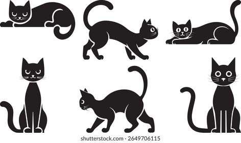 A collection of six flat black vector cat illustrations.