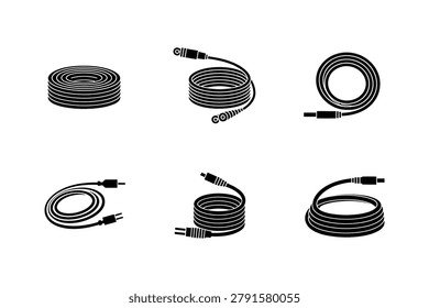 A collection of six flat black vector icons depicting rolled electric wires power cables audio connection cords and plugs ideal for technology hardware and industrial design projects