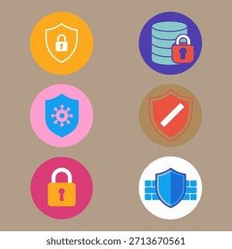 Collection of six flat design icons representing security, data protection, and privacy concepts, with shields, locks, and databases.
