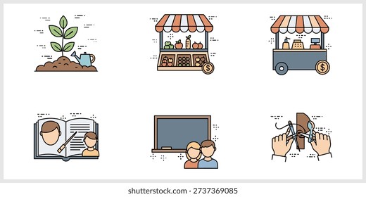 A collection of six flat design icons depicts various everyday activities and professions, including gardening with a plant and watering can, a produce market stall, a street food cart, a teacher instructing a student with an open book, students in front of a blackboard, and hands engaged in sewing