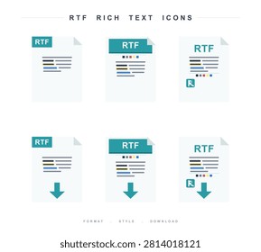 A collection of six flat vector icons representing RTF Rich Text Format files, featuring various document designs and download symbols for digital use.