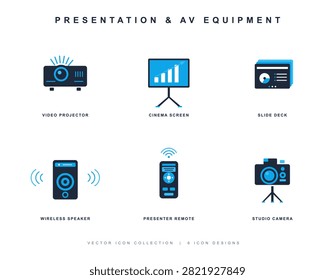 A collection of six flat vector icons representing presentation and audiovisual equipment including a projector, screen, slide deck, speaker, remote, and camera.