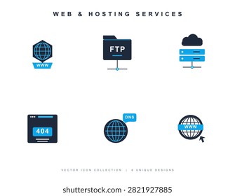 A collection of six flat vector icons representing web and hosting services, including FTP, cloud server, 404 error, and DNS concepts.