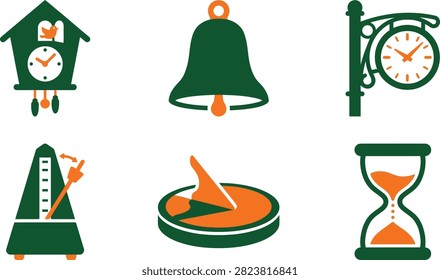 A collection of six flat vector icons representing various historical and mechanical timekeeping devices in green and orange colors.