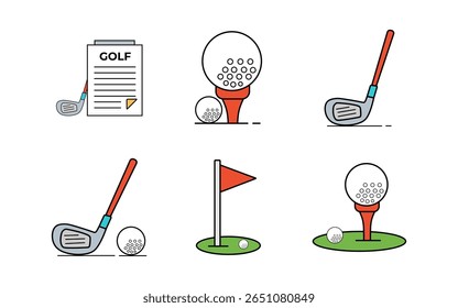 A collection of six flat vector illustrations featuring various golf elements such as golf clubs, golf balls, tees, hole flags, and scorecards. Ideal for sports, recreation, and gaming themes.