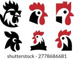 Collection of six flat vector rooster logos featuring chicken heads in multiple styles including cool sunglasses, geometric, and abstract designs in black, red, and white. Represents fried chicken restaurants, farm brands, poultry farms, fast food, gaming mascots, organic food, breakfast brands, and farm-to-table businesses. Clean bold logo styles perfect for chicken restaurants, poultry farms, fast food chains, gaming teams, farm brands, breakfast cafes, organic eggs, and food packaging. Isolated on white background.