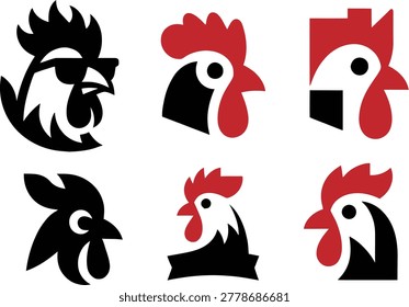 Collection of six flat vector rooster logos featuring chicken heads in multiple styles including cool sunglasses, geometric, and abstract designs in black, red, and white. Represents fried chicken restaurants, farm brands, poultry farms, fast food, gaming mascots, organic food, breakfast brands, and farm-to-table businesses. Clean bold logo styles perfect for chicken restaurants, poultry farms, fast food chains, gaming teams, farm brands, breakfast cafes, organic eggs, and food packaging. Isolated on white background.
