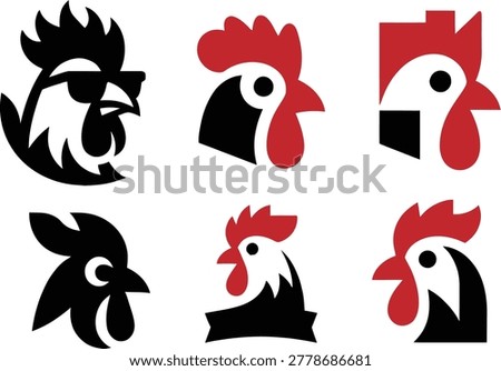 Collection of six flat vector rooster logos featuring chicken heads in multiple styles including cool sunglasses, geometric, and abstract designs in black, red, and white. Represents fried chicken restaurants, farm brands, poultry farms, fast food, gaming mascots, organic food, breakfast brands, and farm-to-table businesses. Clean bold logo styles perfect for chicken restaurants, poultry farms, fast food chains, gaming teams, farm brands, breakfast cafes, organic eggs, and food packaging. Isolated on white background.