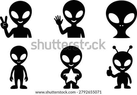 Collection of six friendly alien character silhouette icons featuring waving extraterrestrials, peace sign gesture,