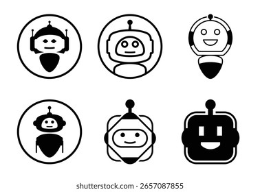 Colección de seis iconos de robot amigables en estilos de contorno y silueta