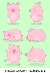 Collection of six funny pigs on a green background. Vector illustration for New Year, Christmas, prints, invitation, flyers, cards, children, clothing, decor, banners.