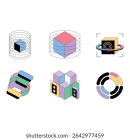 Collection of six geometric abstract designs on a light gray background