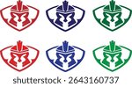 Collection of six gladiator helmets in red, green, and blue shades. Top row in dark tones, bottom row in lighter hues. Perfect for gaming, character icons, or battle-themed designs.