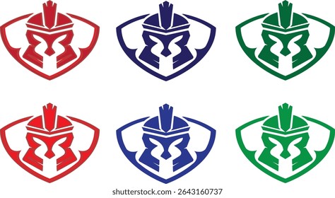 Collection of six gladiator helmets in red, green, and blue shades. Top row in dark tones, bottom row in lighter hues. Perfect for gaming, character icons, or battle-themed designs.