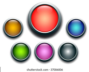 Collection of six glossy buttons in various colors