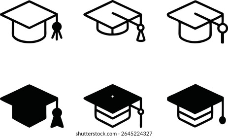 Uma coleção de seis ícones de extremidade de graduação, apresentados nos estilos de contorno e preenchimento sólido. 