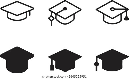 Uma coleção de seis ícones de cap de graduação, apresentados em ambos os estilos de contorno e preto sólido
