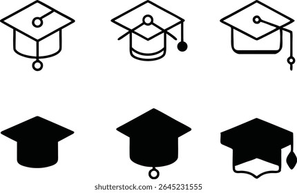 A collection of six graduation cap icons, presented in both outline and solid black styles. These icons represent academic achievement and education