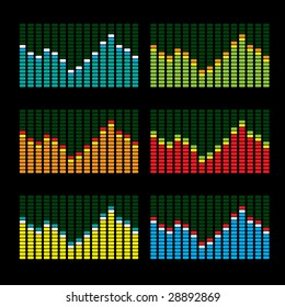 Collection of six graphic equalisers in various color variations