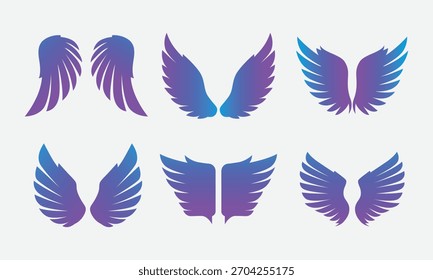 Collection of six graphic wing designs, showcasing various shapes and feather patterns in vibrant purple and blue gradient colors on a plain background.