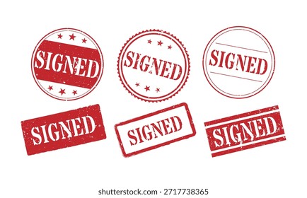 Colección de seis iconos de sello de goma firmados en rojo grunge