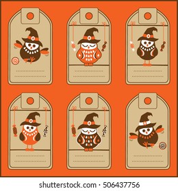 COLLECTION OF SIX HALLOWEEN GIFT TAGS WITH CUTE OWLS AND SWEETS - BEAUTIFUL READY TO USE HOLIDAY TAGS, LABELS, STICKERS OR INVITATION CARDS SET