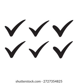 Collection of six hand drawn black checkmarks symbolizing completion success and agreement arranged in two rows on a clean white background conveying a sense of accomplishment and positive