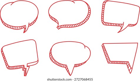 Coleção de seis bolhas de fala vermelhas e vazias desenhadas à mão e balões de diálogo para design de mensagens