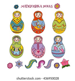 Collection of six hand drawn matryoshka dolls and decorative elements