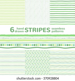 Collection of six hand drawn seamless vector patterns with stripes. Spring, easter, nature colors. Shades of green. Striped templates. Rough, uneven edges. Various streaks backgrounds set.