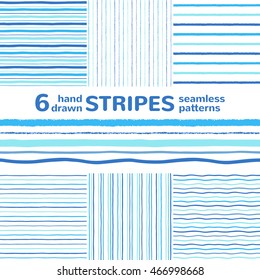 Collection of six hand drawn seamless vector patterns with various blue stripes. Marine, sea waves, navy striped backgrounds. Rough, uneven edges, doodle style. Different streaks textures set.