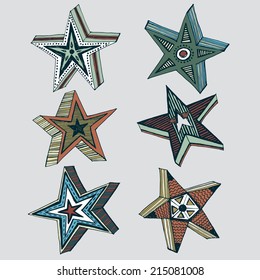 Collection of six hand drawn stars in various designs and colors. Isolated editable objects.