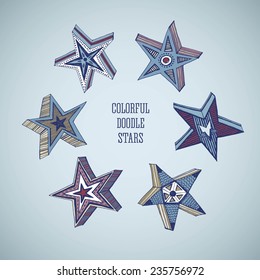 Collection of six hand drawn stars in various designs and colors. Isolated editable objects.