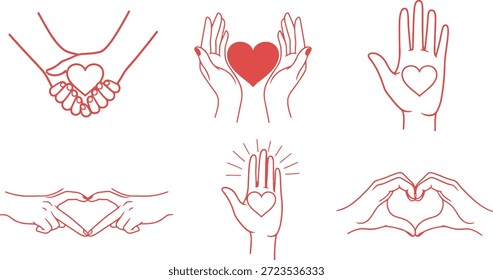 Una colección de seis ilustraciones de la mano que forman corazones y que sostienen un corazón