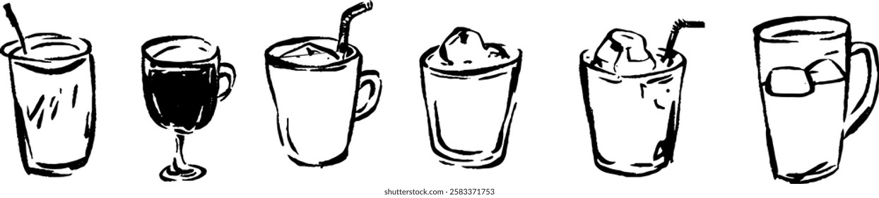 A collection of six hand-drawn beverage illustrations, including a glass with a straw, a cup with ice, a coffee cup, a dessert cup, a milkshake, and a tall glass with ice and a lemon slice.