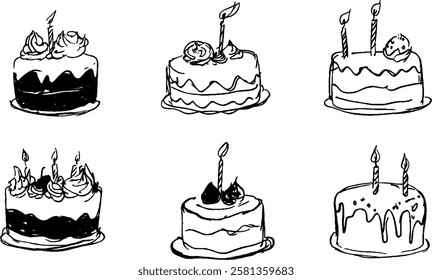 A collection of six hand-drawn cakes, each with unique designs and decorations. Some cakes have candles on top, while others feature frosting and toppings like cherries or chocolate.