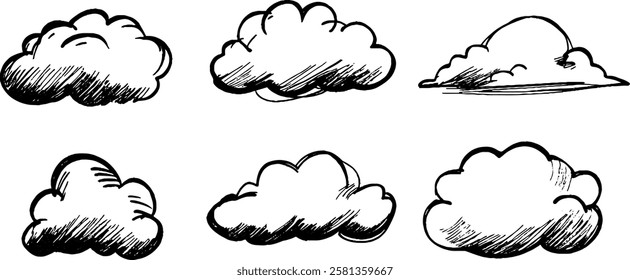 A collection of six hand-drawn clouds in various shapes and sizes, showcasing a sketchy style. Each cloud has a unique form, emphasizing a whimsical and artistic representation of clouds.